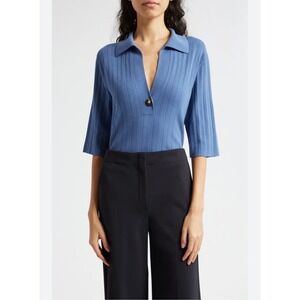 Vince Ribbed Knit Polo Top Women Medium Blue Excellent VNeck Button Short Sleeve